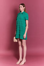 Smocked Short Sleeve Textured Tweed-Feel Mini Dress