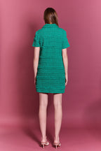 Smocked Short Sleeve Textured Tweed-Feel Mini Dress