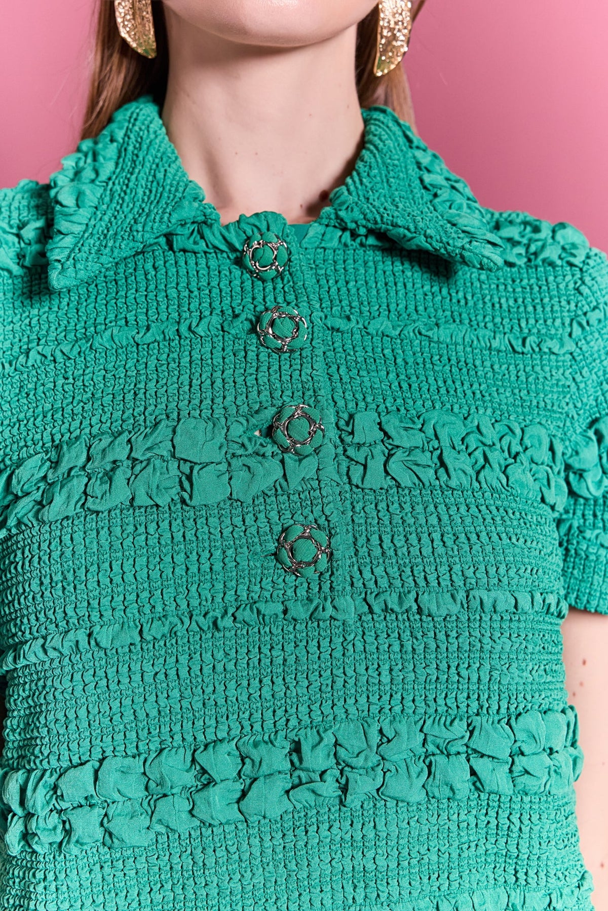 Smocked Short Sleeve Textured Tweed-Feel Mini Dress