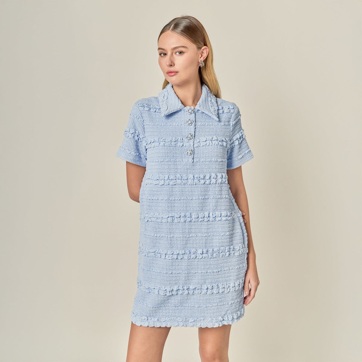 Smocked Short Sleeve Textured Tweed-Feel Mini Dress