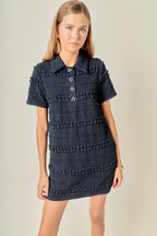 Smocked Short Sleeve Textured Tweed-Feel Mini Dress
