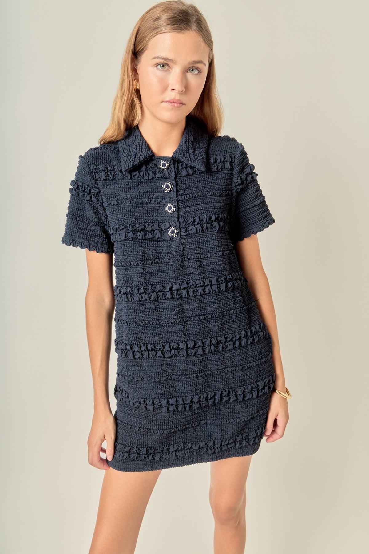 Smocked Short Sleeve Textured Tweed-Feel Mini Dress