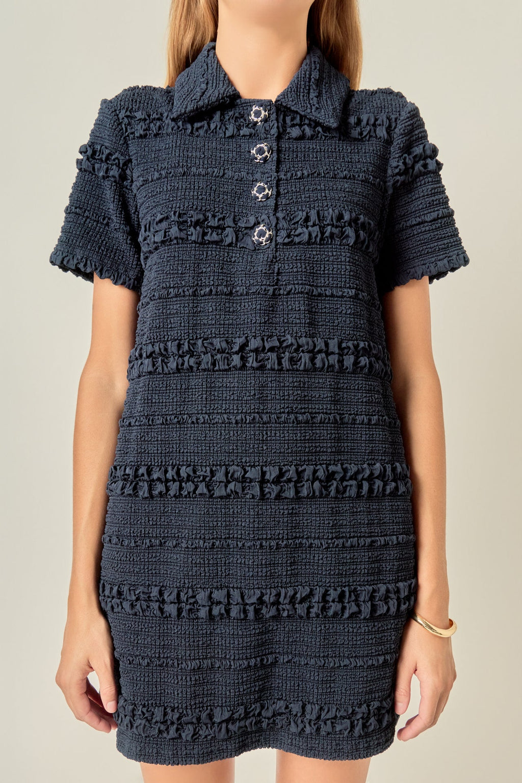 Smocked Short Sleeve Textured Tweed-Feel Mini Dress