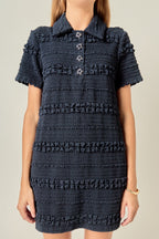 Smocked Short Sleeve Textured Tweed-Feel Mini Dress