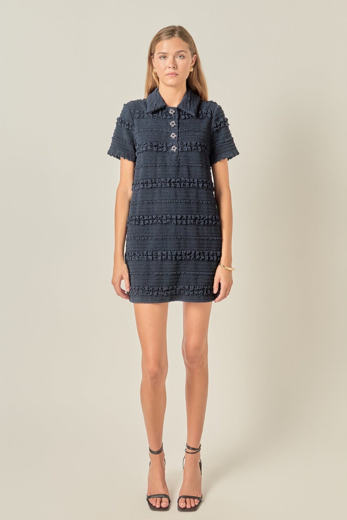 Smocked Short Sleeve Textured Tweed-Feel Mini Dress