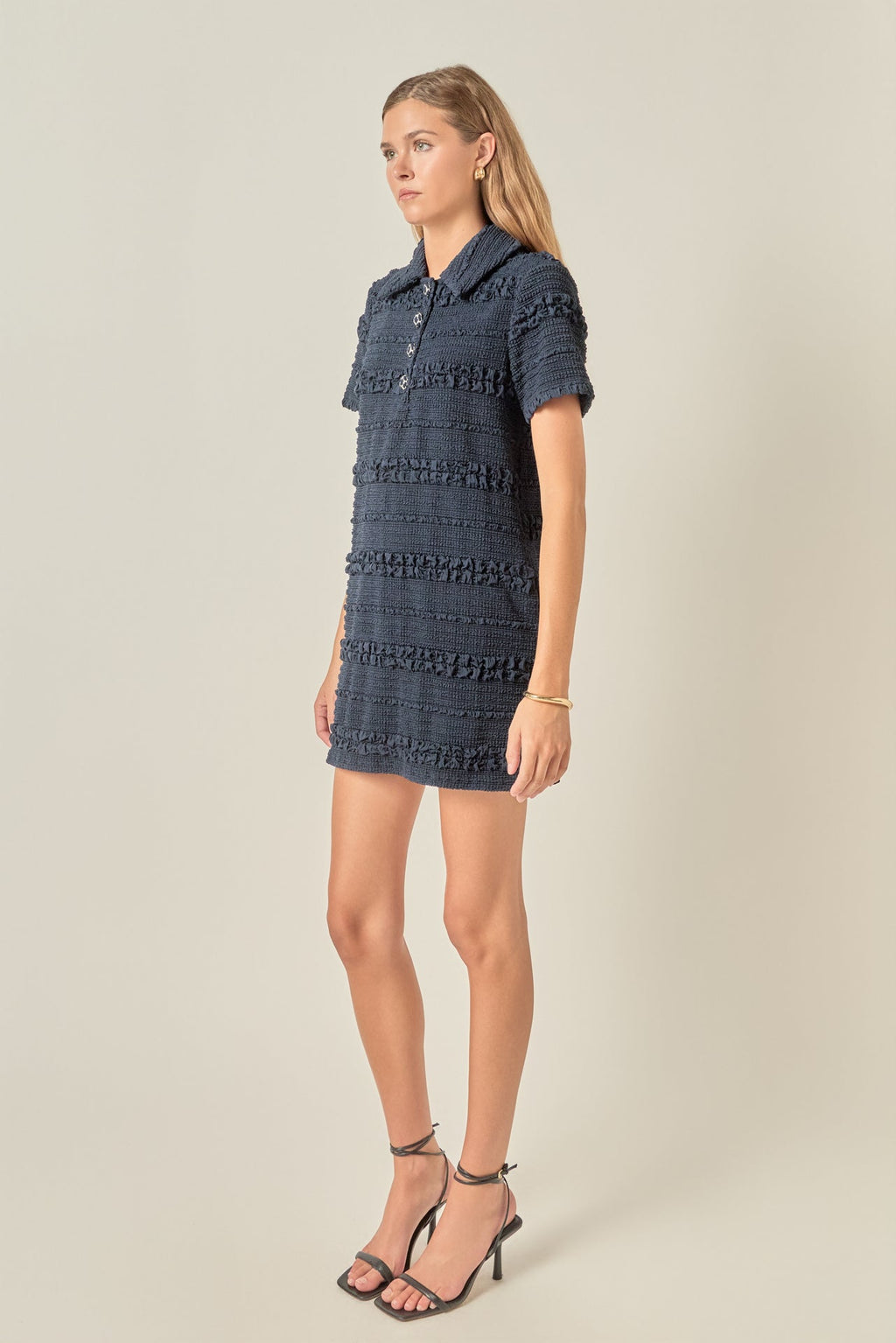 Smocked Short Sleeve Textured Tweed-Feel Mini Dress