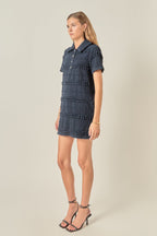 Smocked Short Sleeve Textured Tweed-Feel Mini Dress