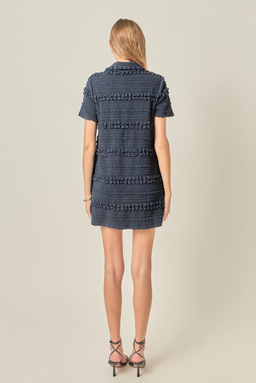 Smocked Short Sleeve Textured Tweed-Feel Mini Dress