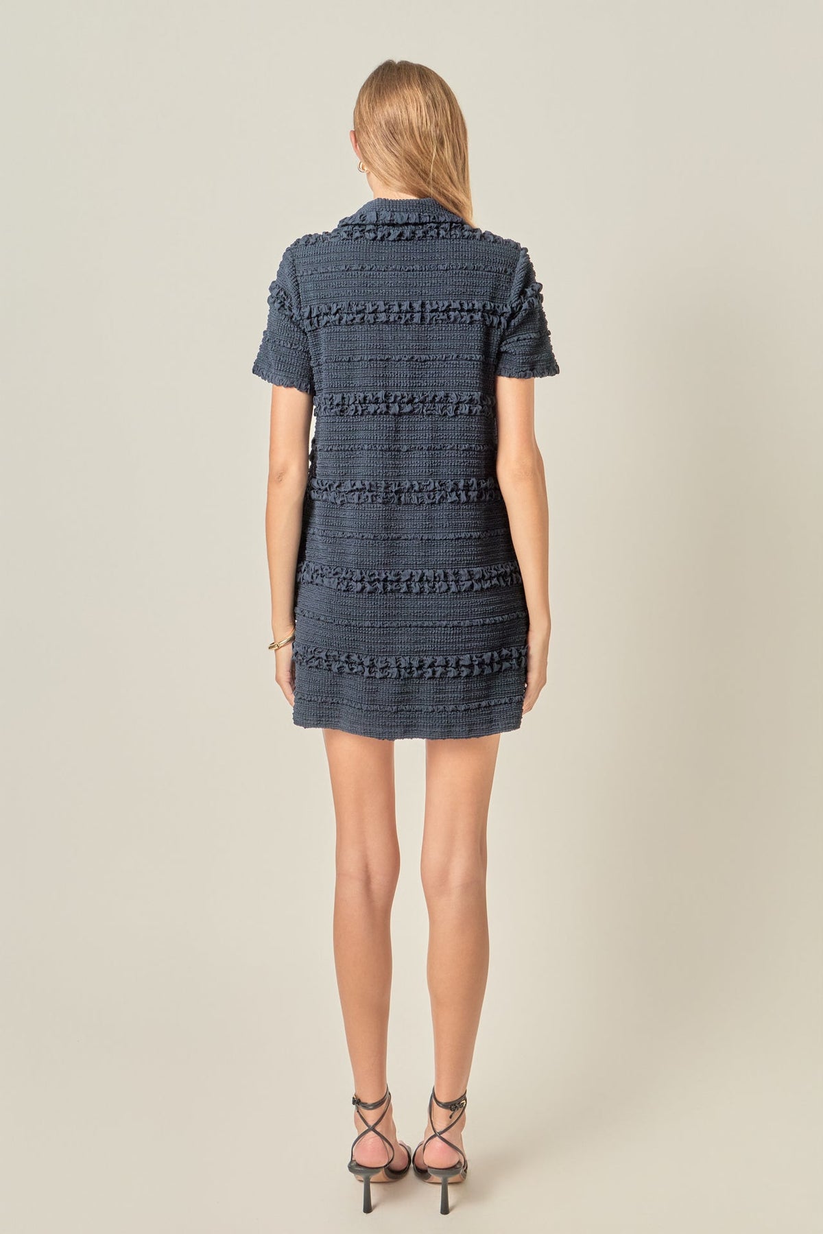 Smocked Short Sleeve Textured Tweed-Feel Mini Dress