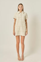 Smocked Short Sleeve Textured Tweed-Feel Mini Dress