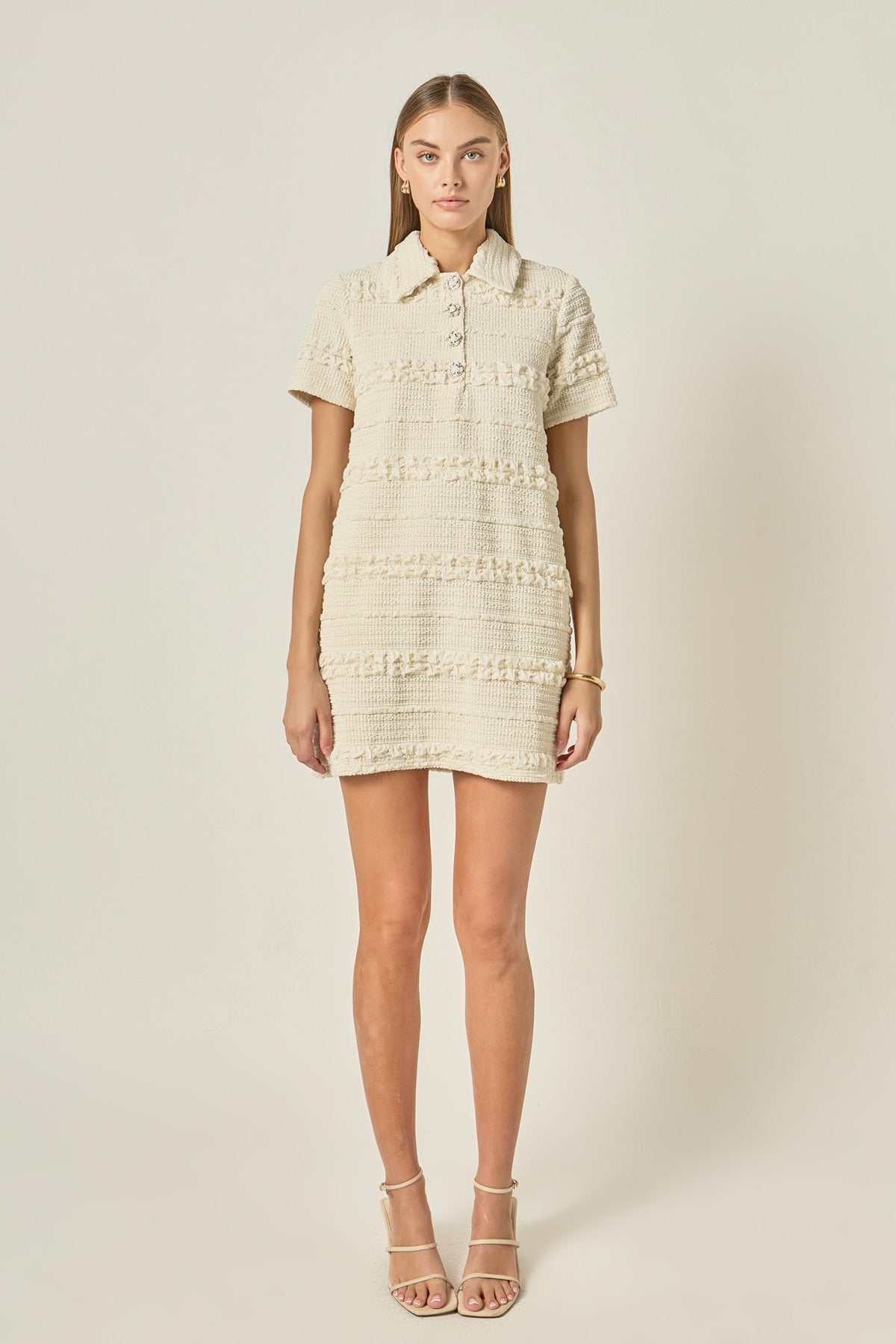 Smocked Short Sleeve Textured Tweed-Feel Mini Dress