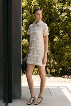 Smocked Short Sleeve Textured Tweed-Feel Mini Dress