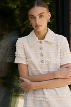 Smocked Short Sleeve Textured Tweed-Feel Mini Dress