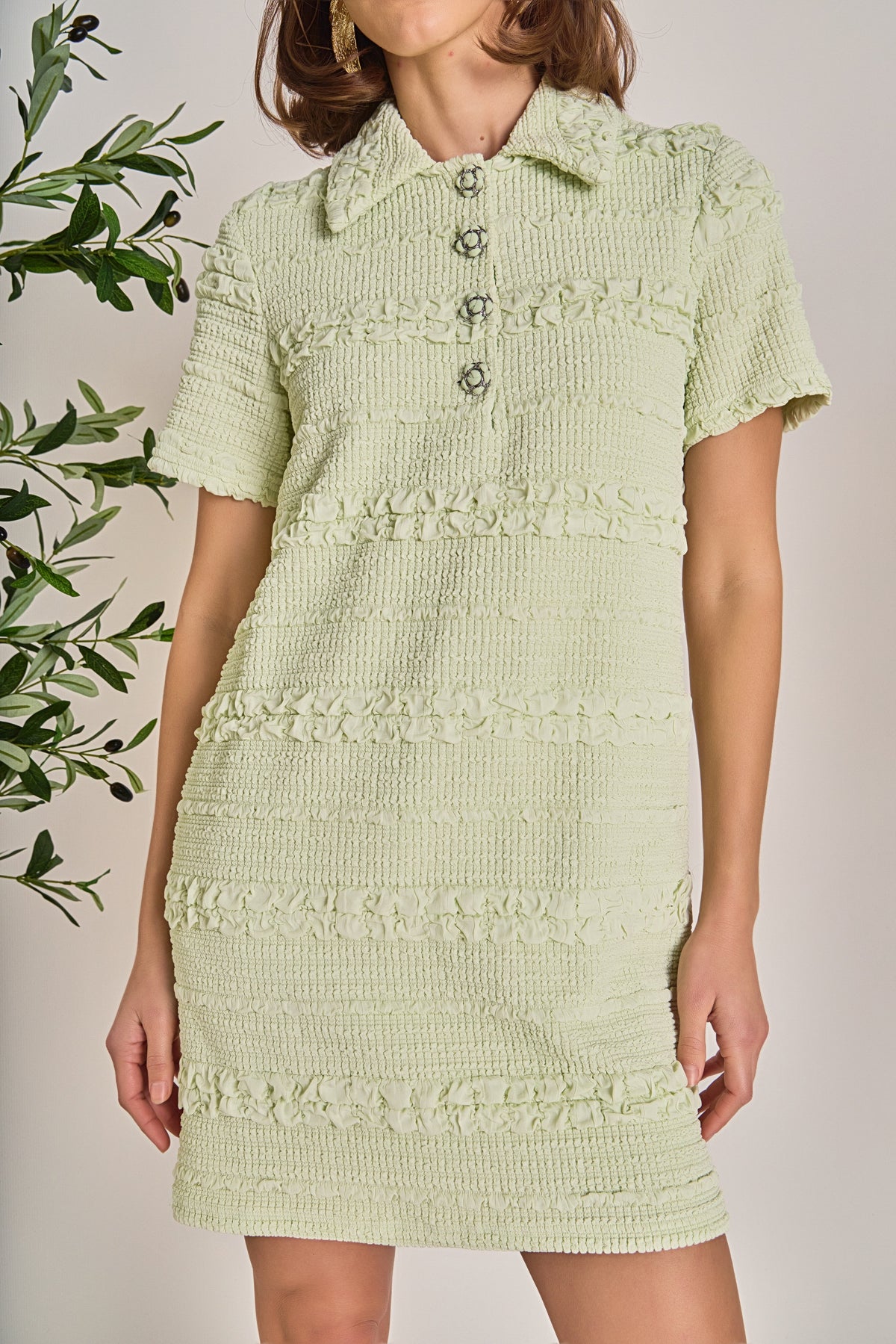 Smocked Short Sleeve Textured Tweed-Feel Mini Dress