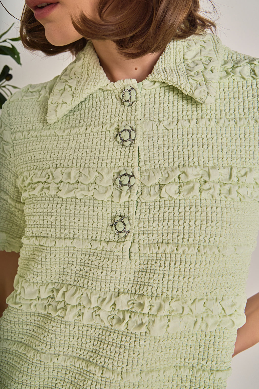 Smocked Short Sleeve Textured Tweed-Feel Mini Dress