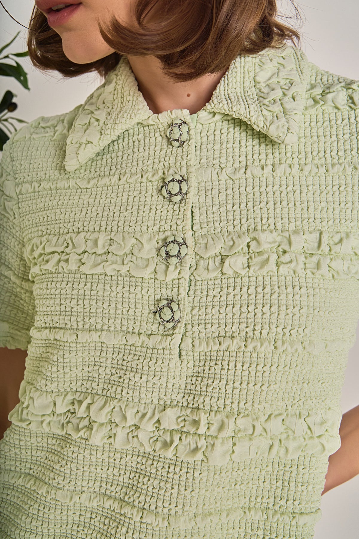 Smocked Short Sleeve Textured Tweed-Feel Mini Dress