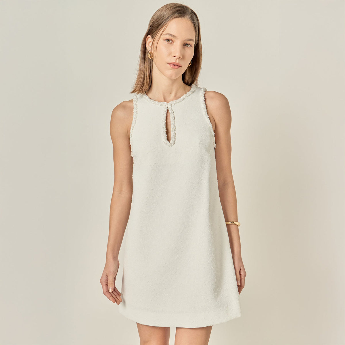Pearl Trim Keyhole Neck Sleeveless Textured Mini Dress