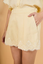 High-Waisted Linen Pleated Crochet Lace Cuff Shorts