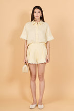 High-Waisted Linen Pleated Crochet Lace Cuff Shorts