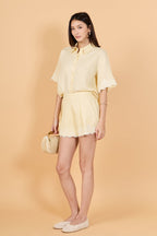 High-Waisted Linen Pleated Crochet Lace Cuff Shorts