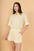 High-Waisted Linen Pleated Crochet Lace Cuff Shorts