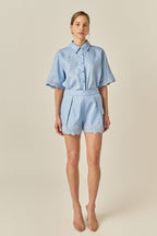 High-Waisted Linen Pleated Crochet Lace Cuff Shorts