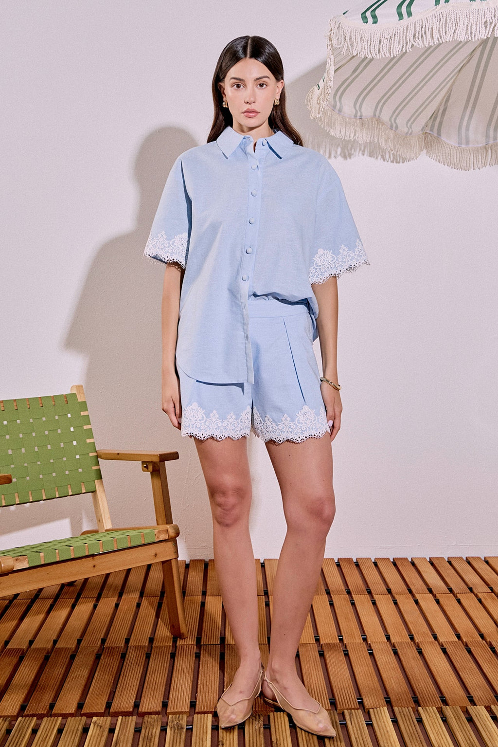 High-Waisted Linen Pleated Crochet Lace Cuff Shorts