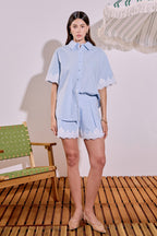 High-Waisted Linen Pleated Crochet Lace Cuff Shorts