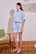 High-Waisted Linen Pleated Crochet Lace Cuff Shorts