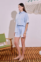 High-Waisted Linen Pleated Crochet Lace Cuff Shorts