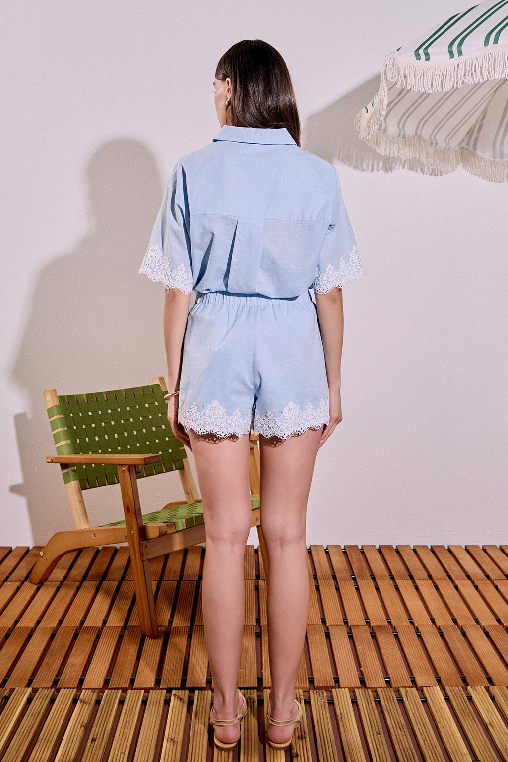 High-Waisted Linen Pleated Crochet Lace Cuff Shorts
