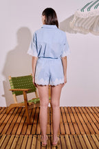 High-Waisted Linen Pleated Crochet Lace Cuff Shorts
