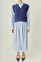 Collared Long Sleeve Stripe Mixed Media A-Line Midi Dress