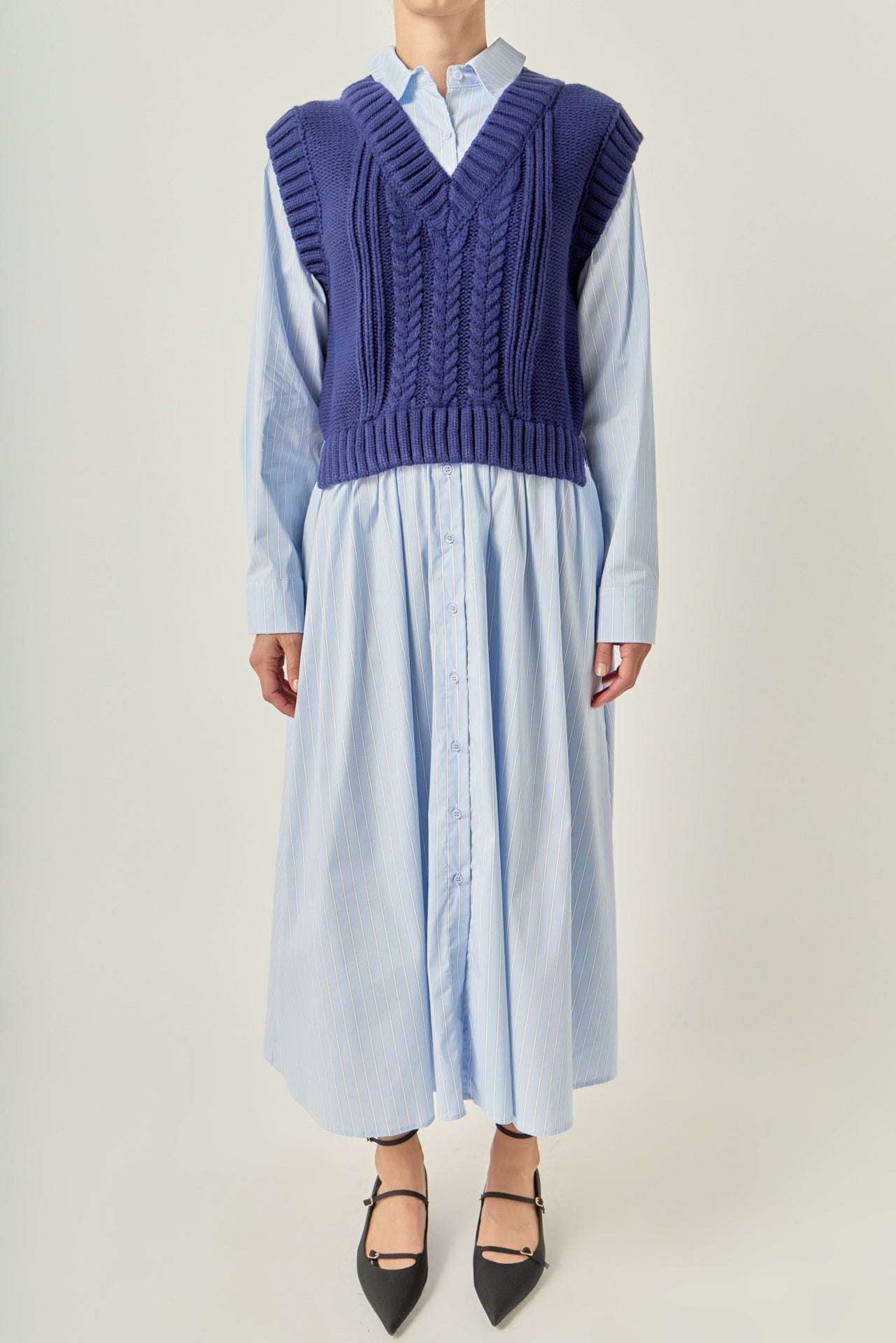 Collared Long Sleeve Stripe Mixed Media A-Line Midi Dress
