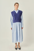 Collared Long Sleeve Stripe Mixed Media A-Line Midi Dress