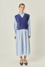 Collared Long Sleeve Stripe Mixed Media A-Line Midi Dress