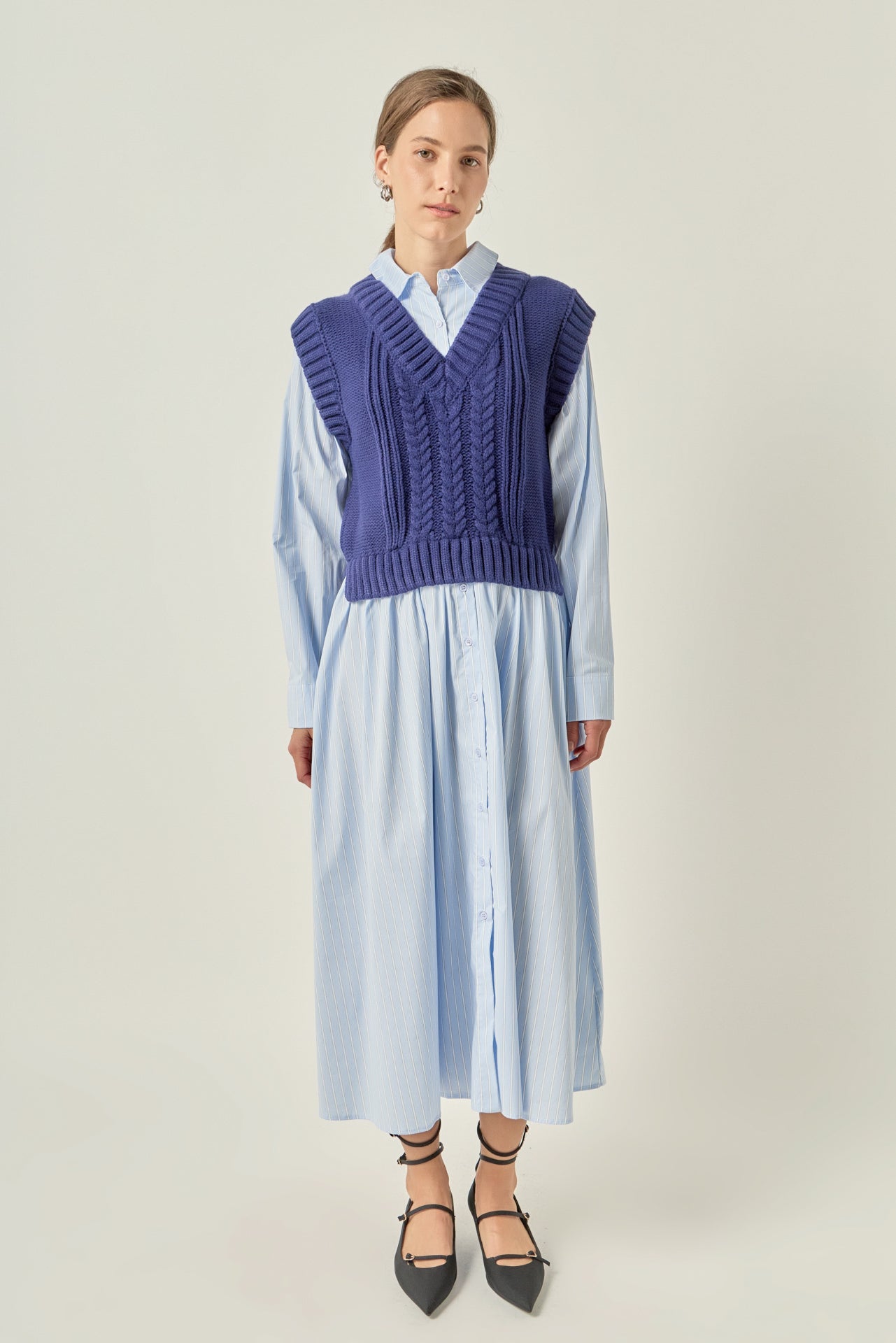 Collared Long Sleeve Stripe Mixed Media A-Line Midi Dress