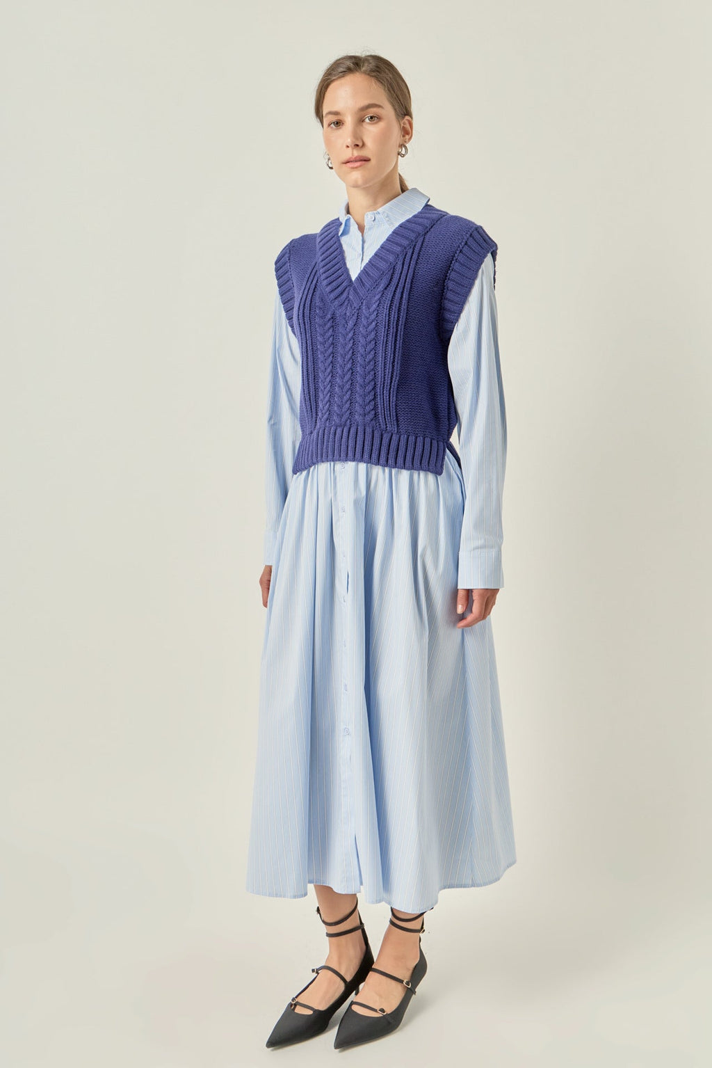 Collared Long Sleeve Stripe Mixed Media A-Line Midi Dress