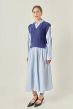 Collared Long Sleeve Stripe Mixed Media A-Line Midi Dress