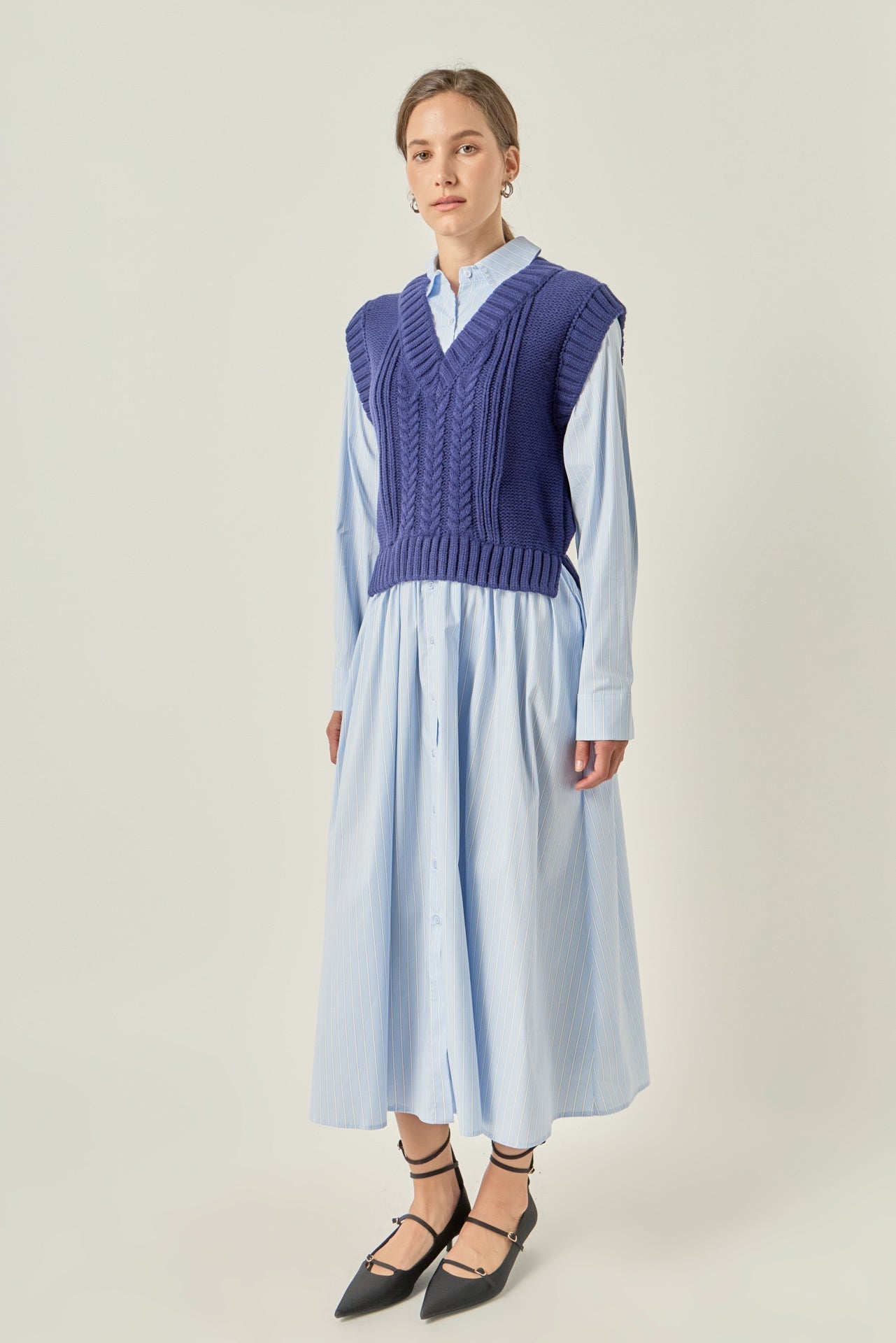 Collared Long Sleeve Stripe Mixed Media A-Line Midi Dress