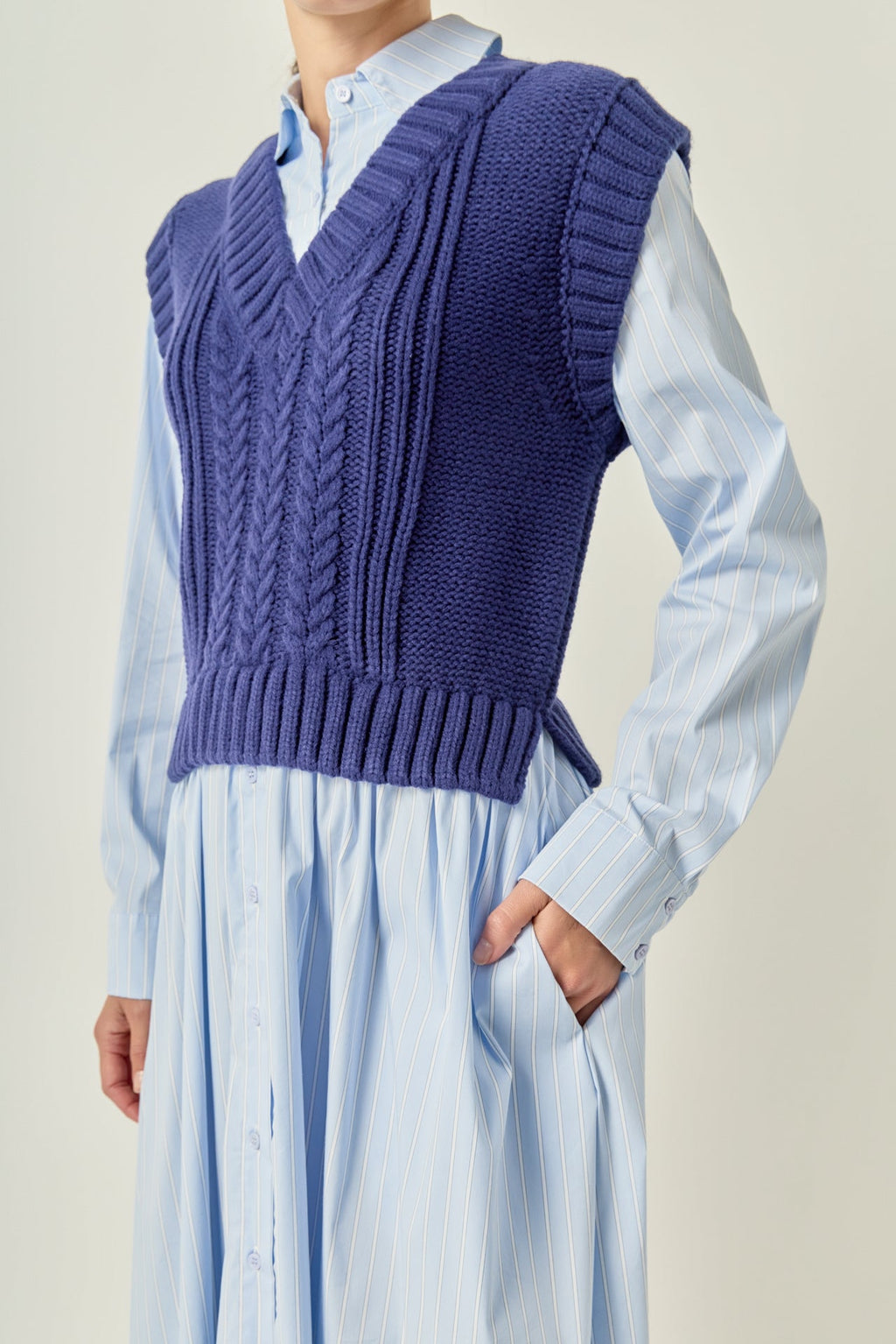 Collared Long Sleeve Stripe Mixed Media A-Line Midi Dress