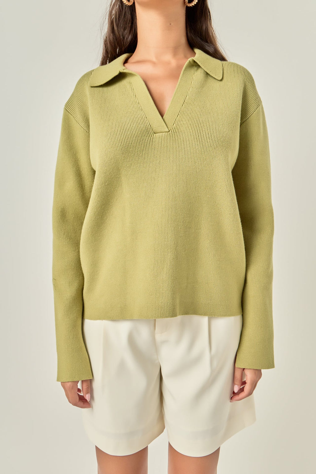 Oversized Collar V-Neck Long Sleeve Knit Top