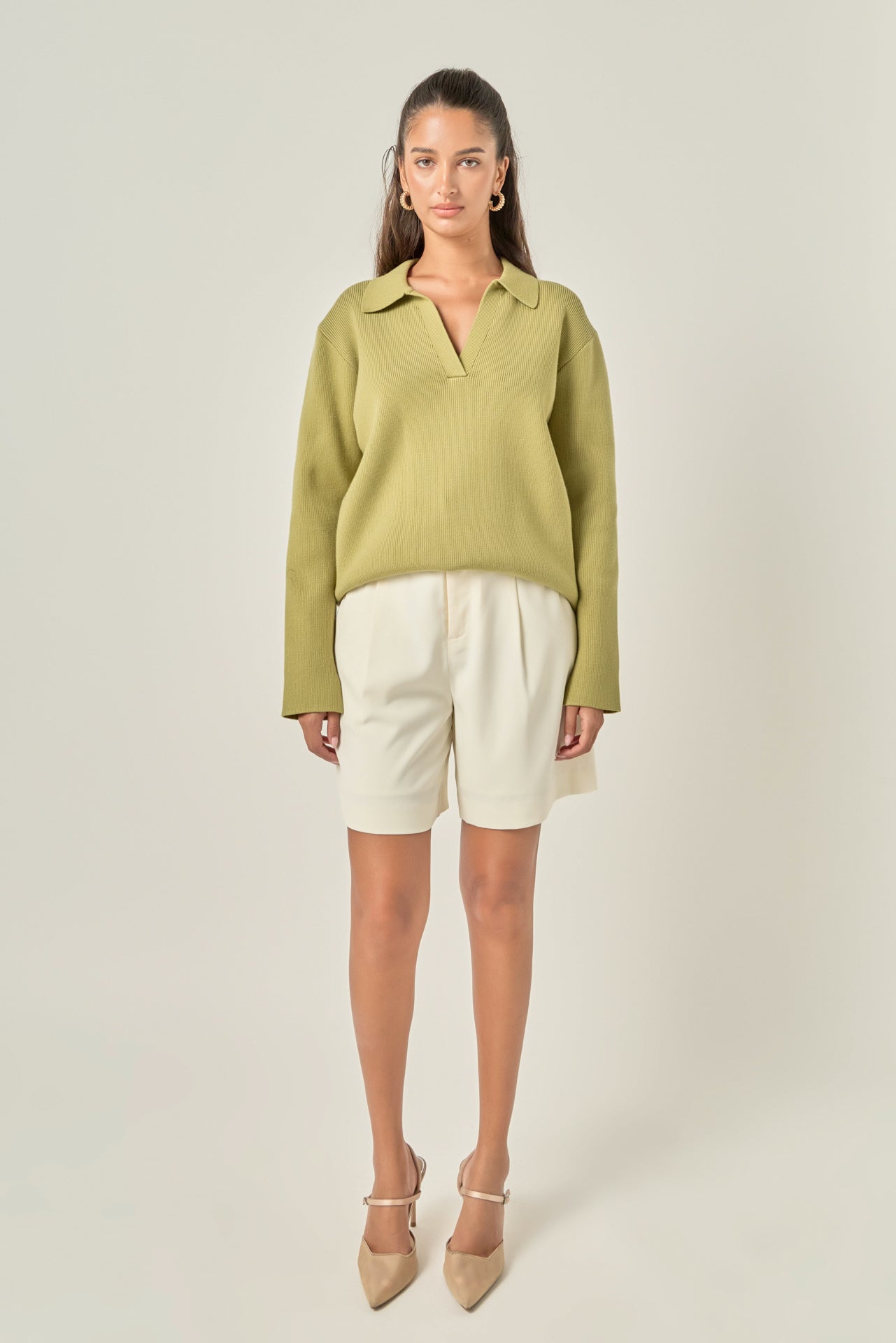 Oversized Collar V-Neck Long Sleeve Knit Top