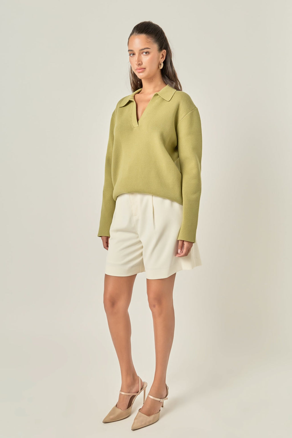 Oversized Collar V-Neck Long Sleeve Knit Top