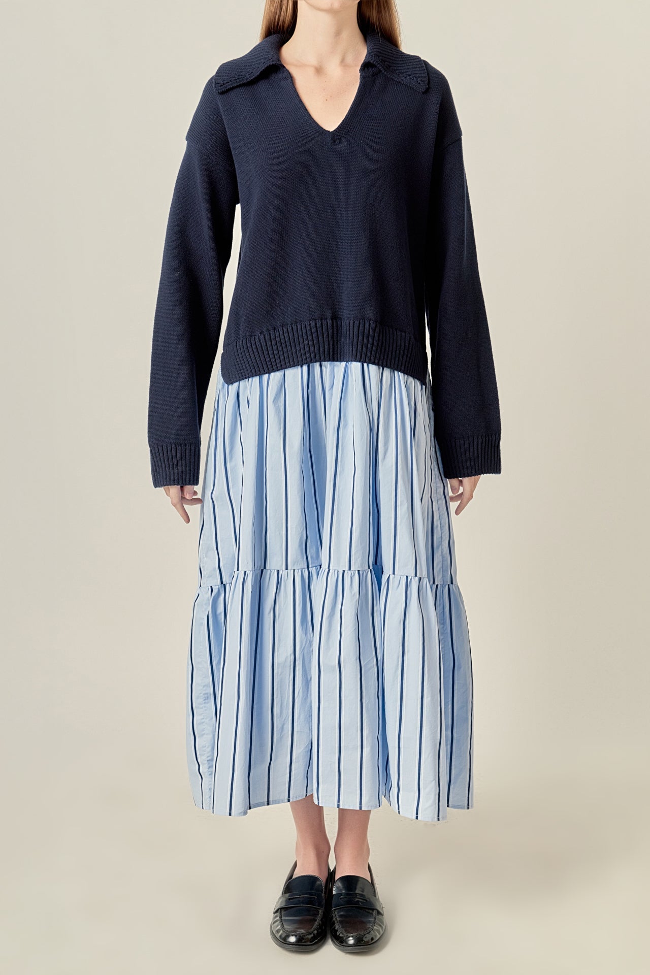 Knit Sweater Top Striped Tiered Poplin Collared Midi Dress
