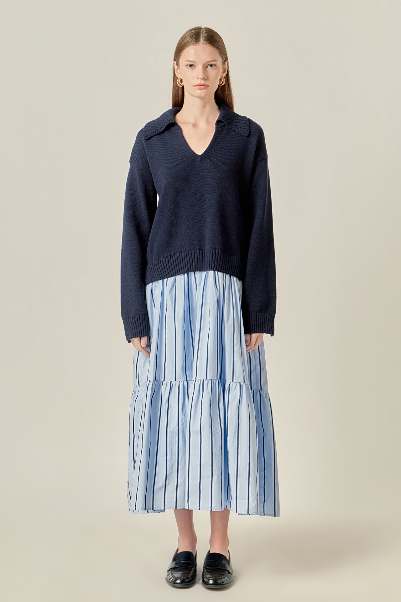 Knit Sweater Top Striped Tiered Poplin Collared Midi Dress