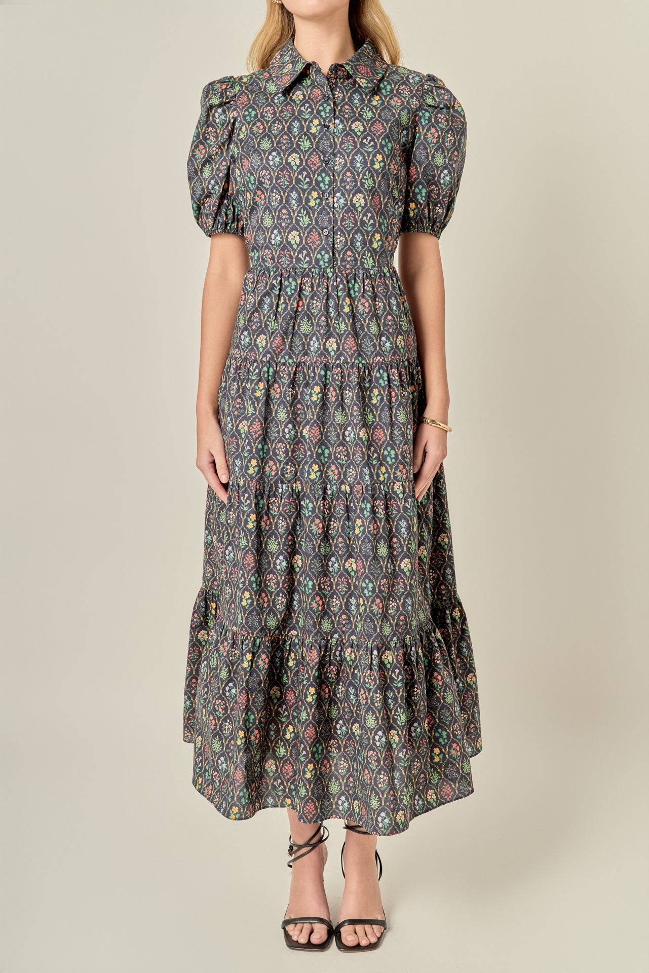 Floral Print Collared Button-Up Short Sleeve Loose Maxi Dress