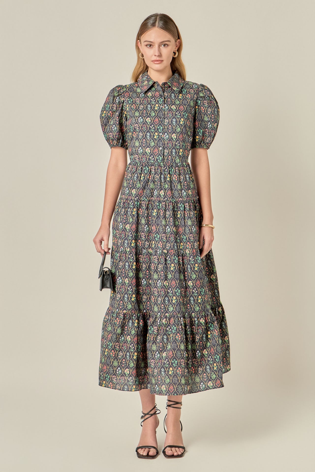 Floral Print Collared Button-Up Short Sleeve Loose Maxi Dress
