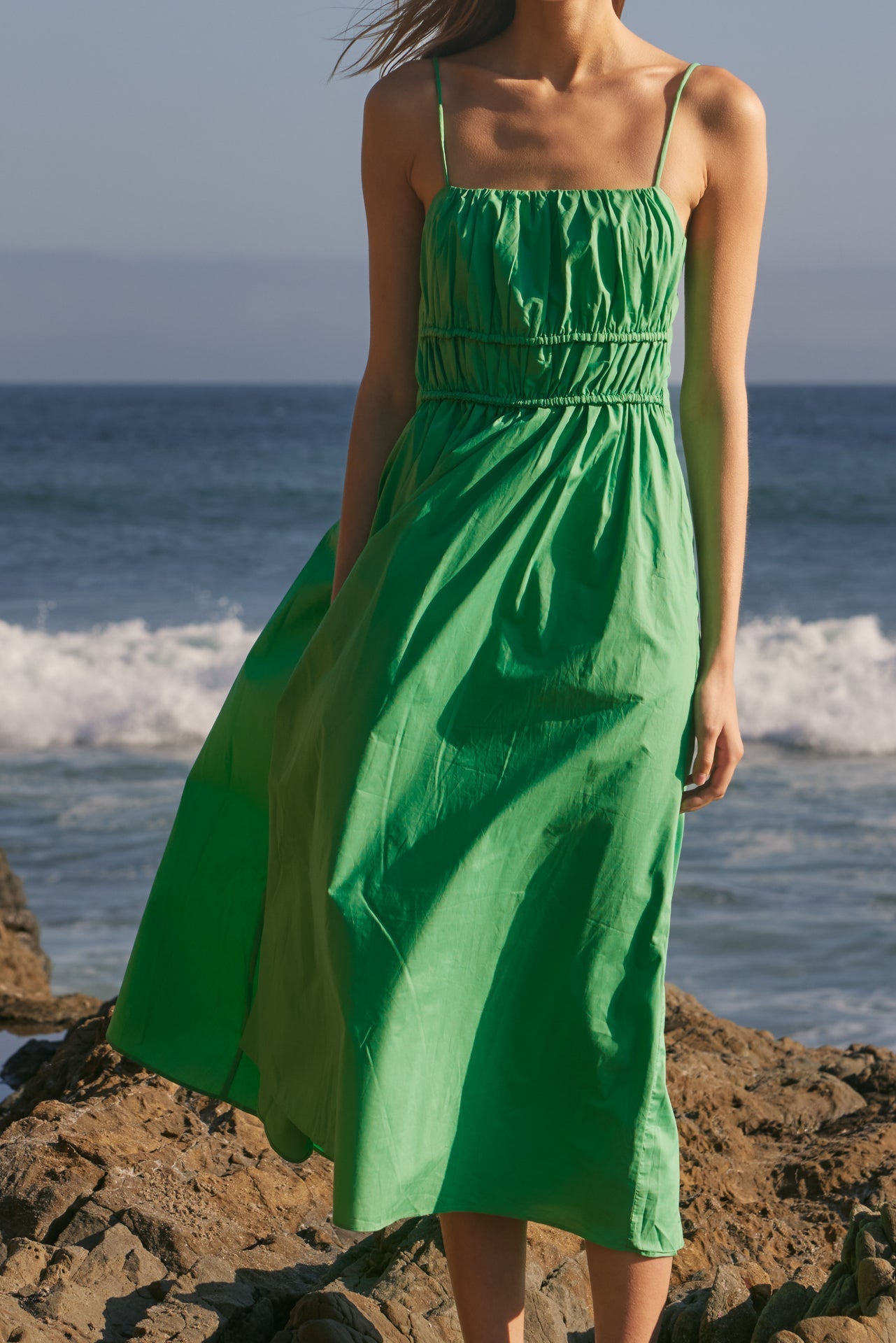 Ruched Bust Smocked Back Poplin Sleeveless Maxi Dress