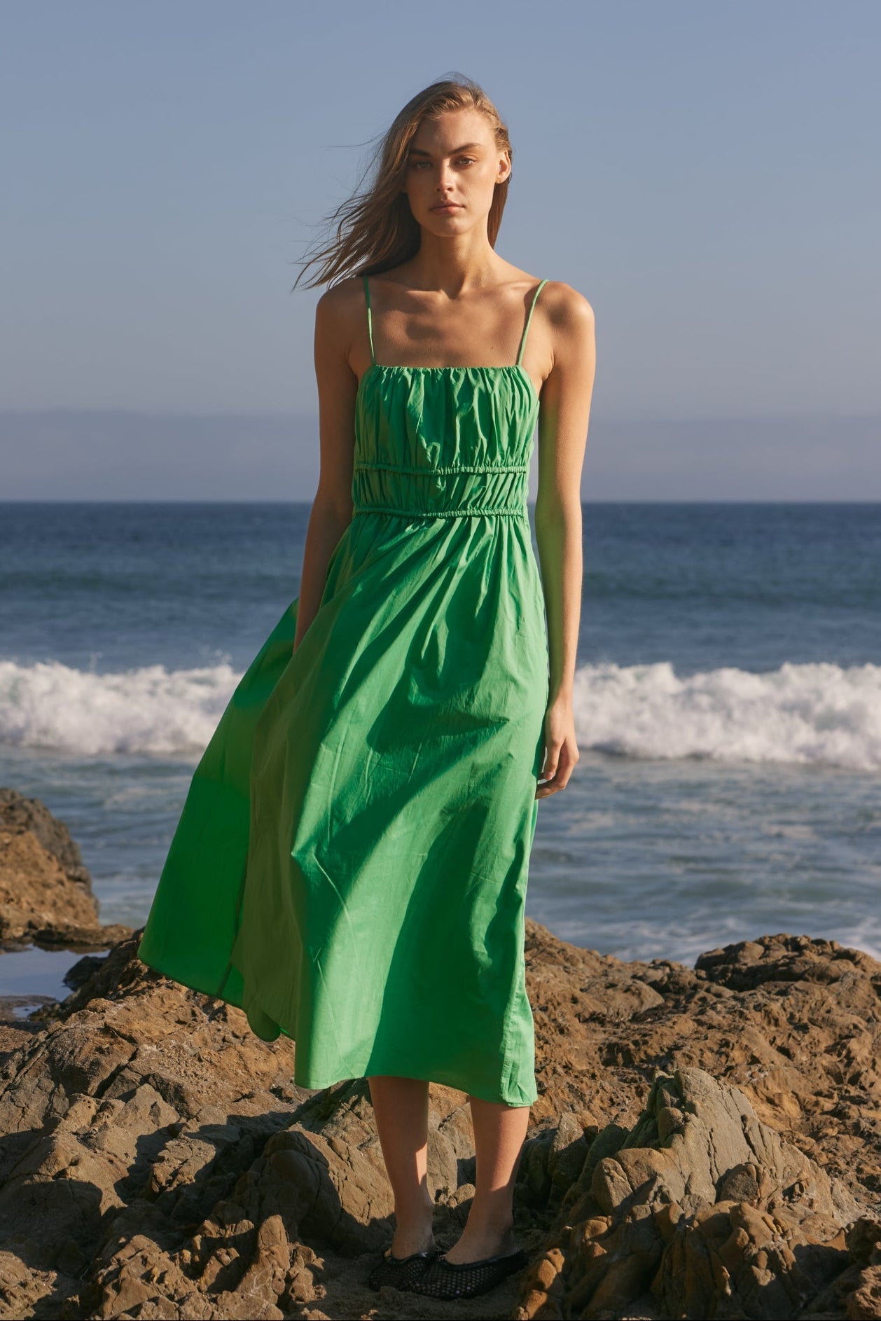 Ruched Bust Smocked Back Poplin Sleeveless Maxi Dress